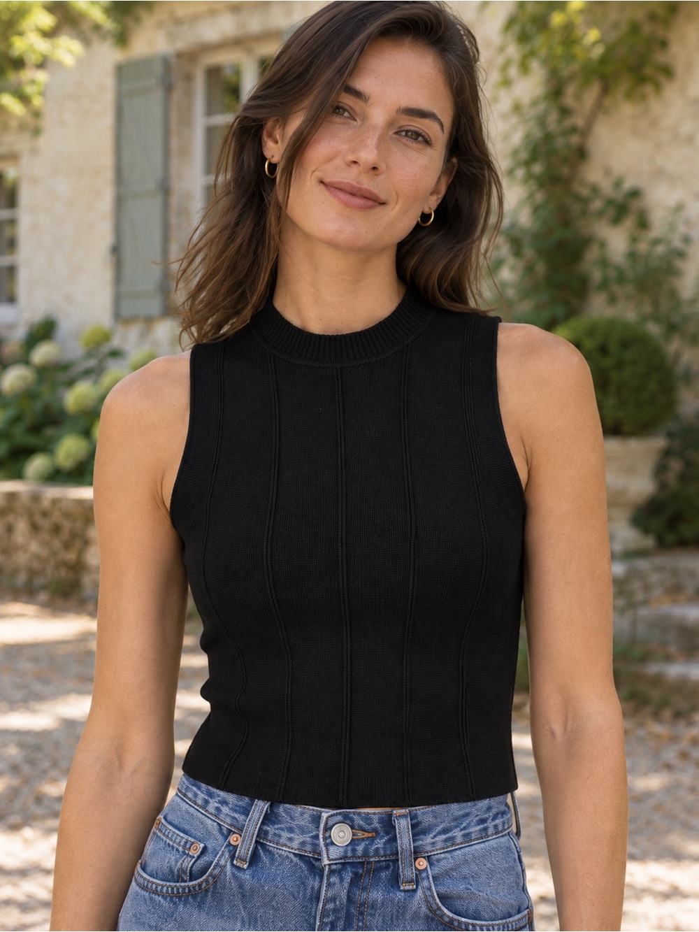 all:row Farrah Top Black Ribbed Sleeveless Knit Crop Top Tight Fitted